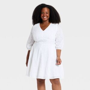 Ava & Viv - Women's Plus Balloon 3/4 Sleeve Button-Front Short White
